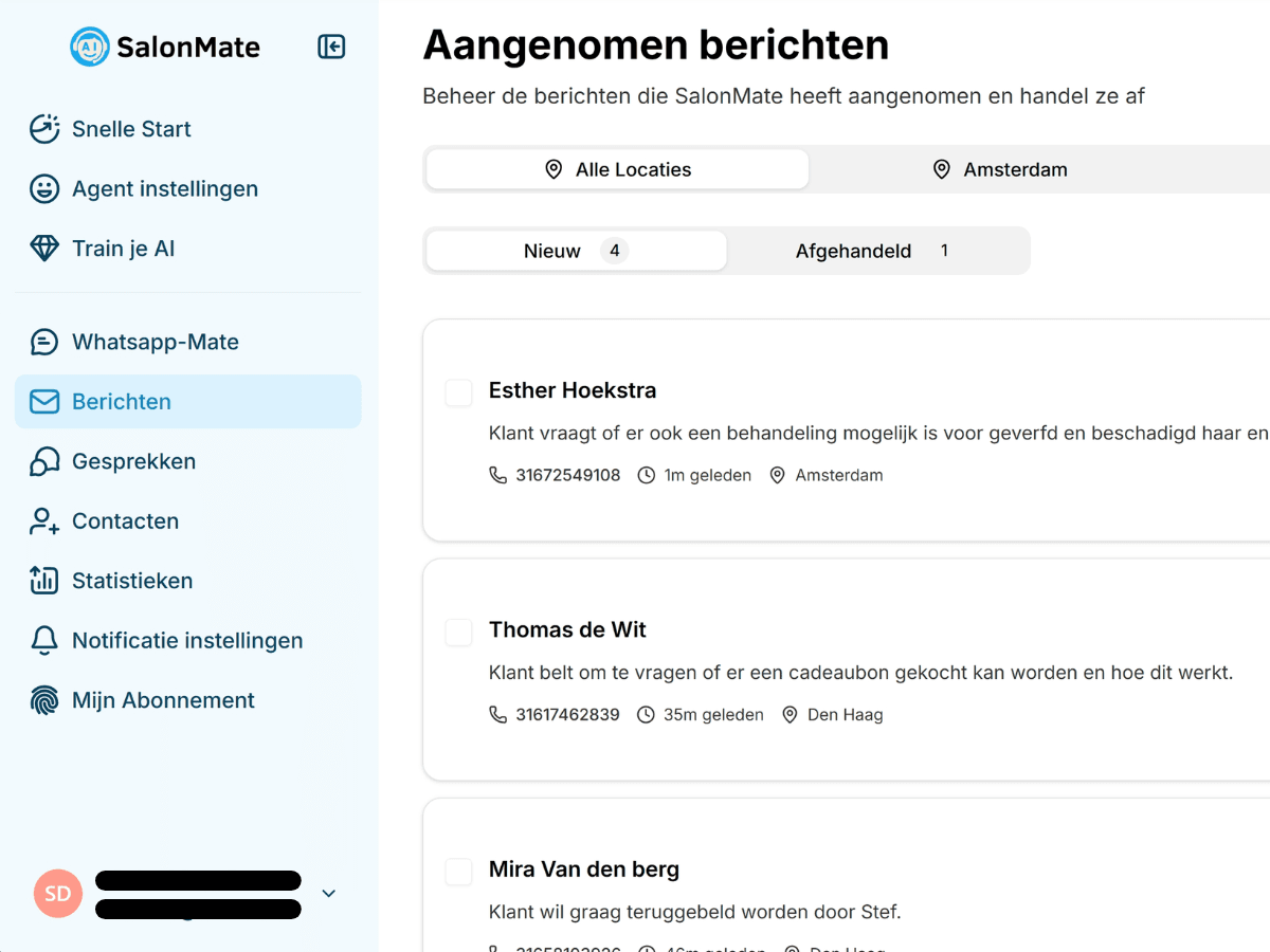 SalonMate dashboard met berichten en notities
